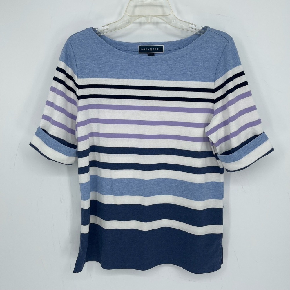 Karen Scott Women's Blue Striped Boat Neck Cuffed Sleeve Nautical Top Size L